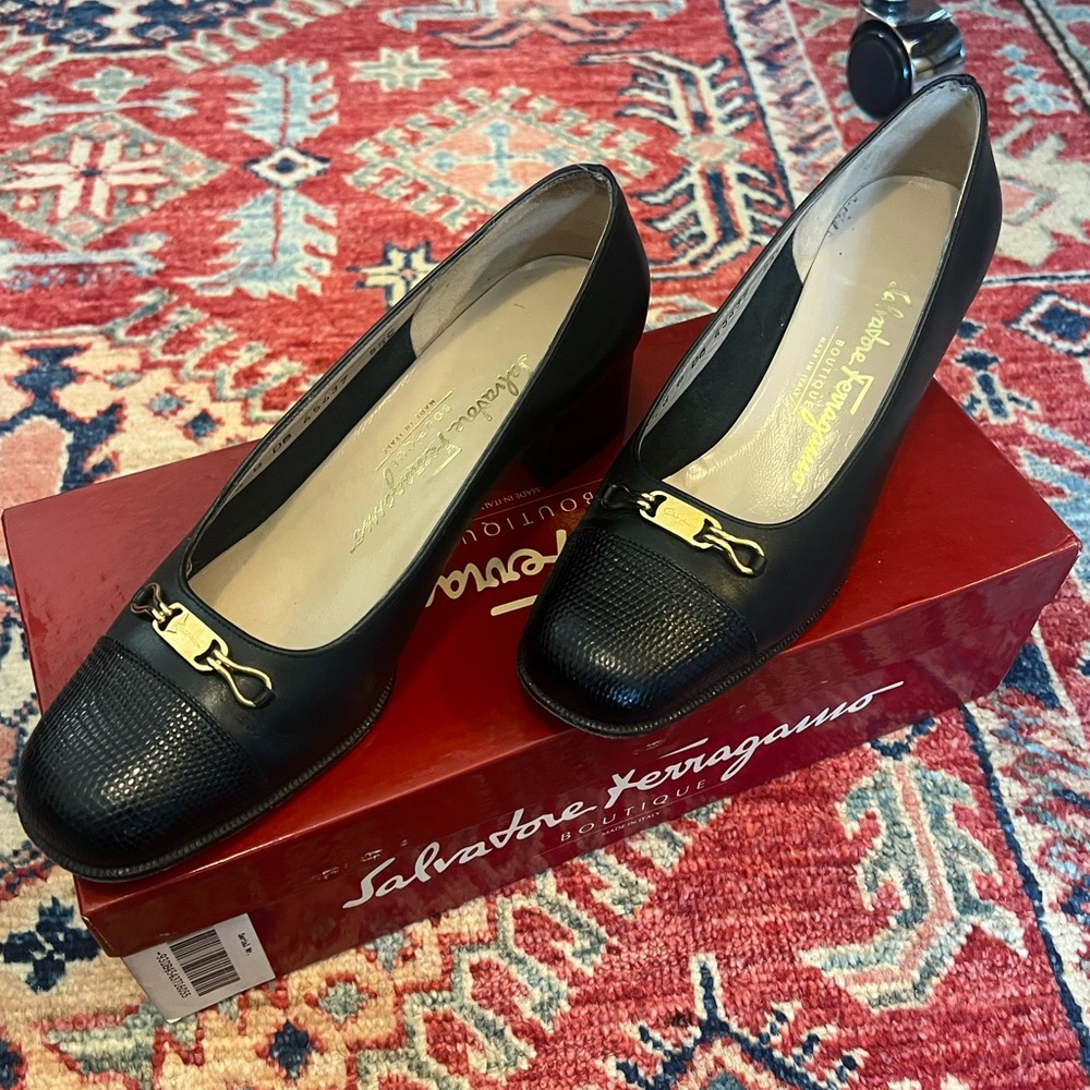 Salvatore Ferragamo Black Leather Mid Block Heel Pumps with Gold Hardware